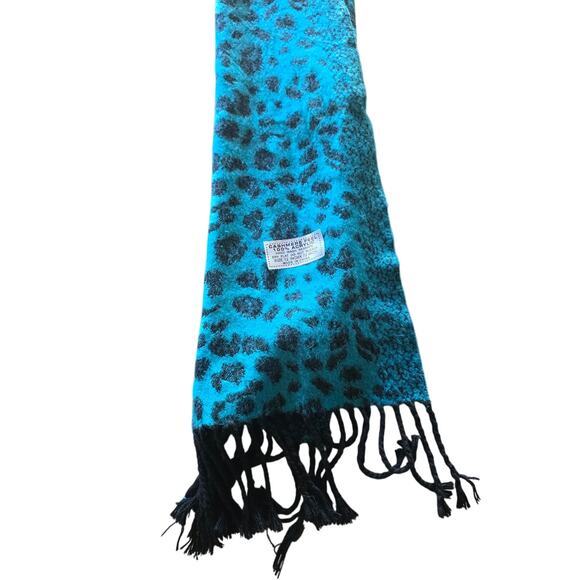 Cashmere Feel Womens Scarf 72Lx 12W Blue Black Tassles Animal Print - Picture 2 of 3
